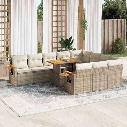 11-tlg. Garten-Sofagarnitur mit Kissen Beige Poly Rattan Akazie