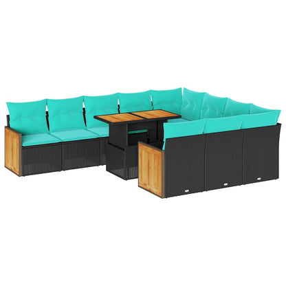 11-tlg. Garten-Sofagarnitur mit Kissen Schwarz Poly Rattan