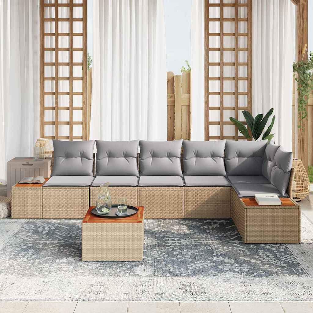 Gartensofa-set mit Kissen 7 pcs Beige Poly Rattan