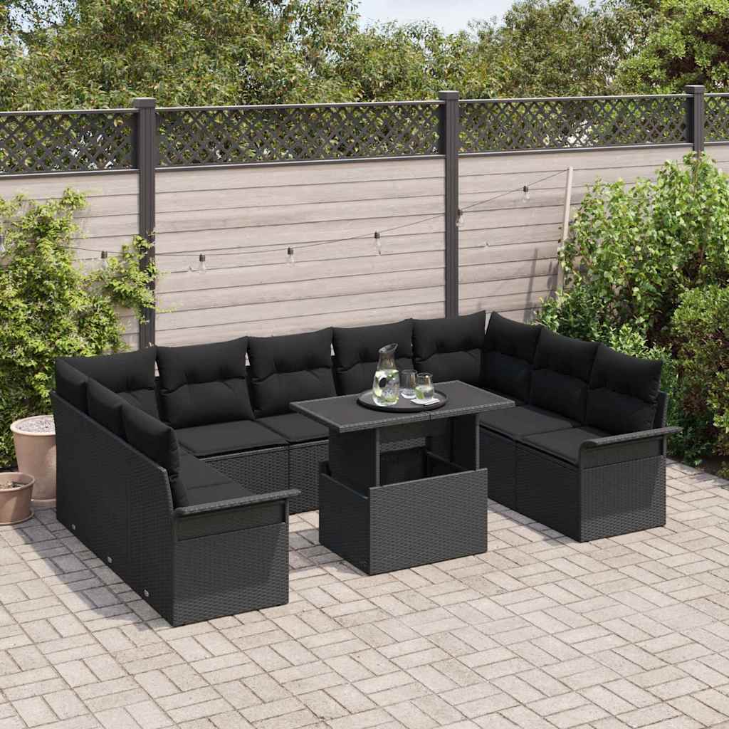 Sofa Set mit Kissen 10 pcs Schwarz Poly-Rattan