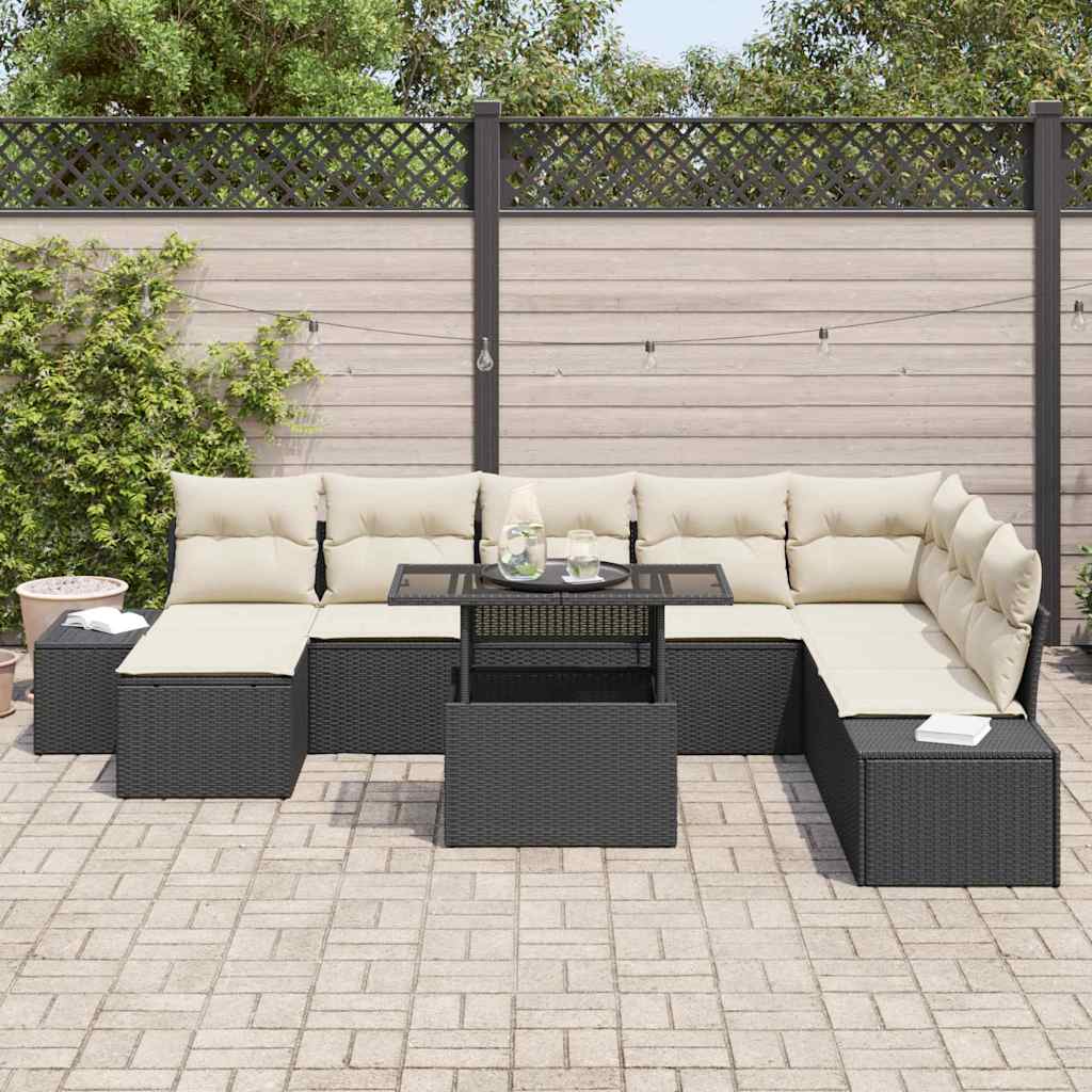 Gartensofa-set mit Kissen 9 pcs Schwarz und Creme Poly-Rattan