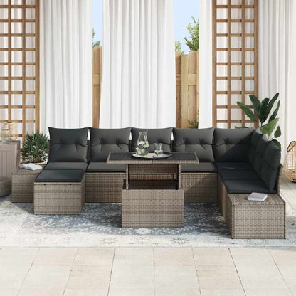Gartensofa-set mit Kissen mit Speicher 9 pcs Grau Poly-Rattan