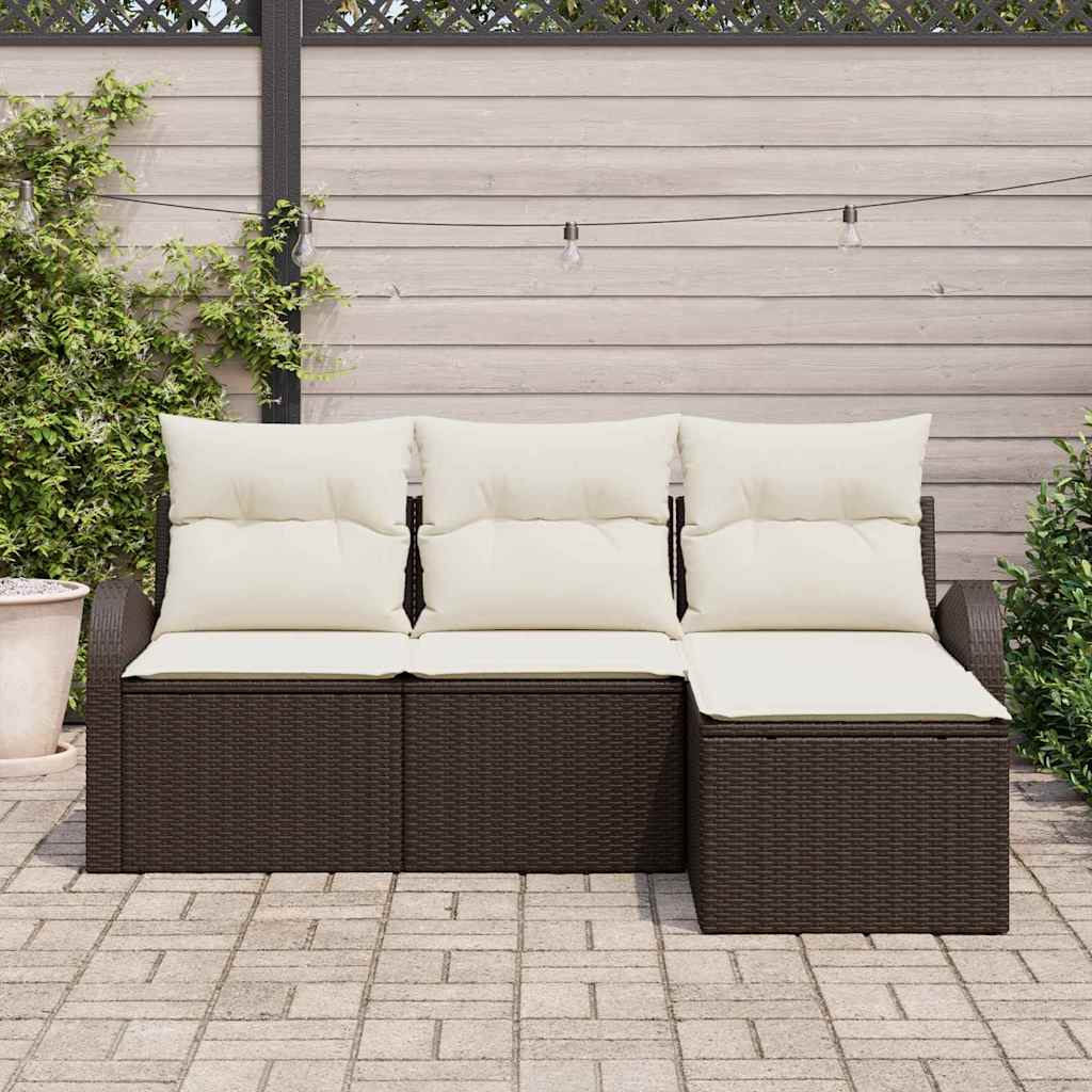 Sofa Set mit Kissen 4 pcs Braun und Weiß Poly-Rattan