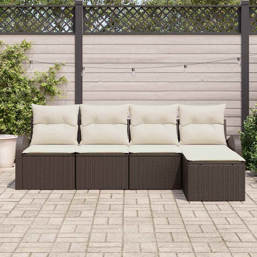 Sofa Set mit Kissen 5 pcs Braun und Weiß Poly-Rattan