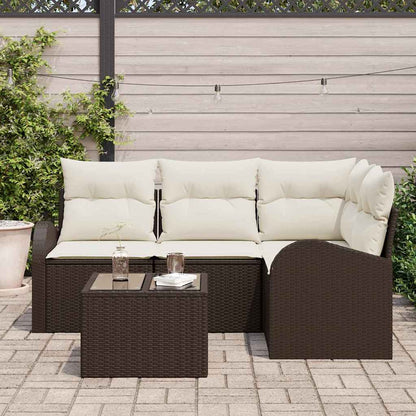 Gartensofa-set mit Kissen 5 pcs Braun und Weiß Poly-Rattan