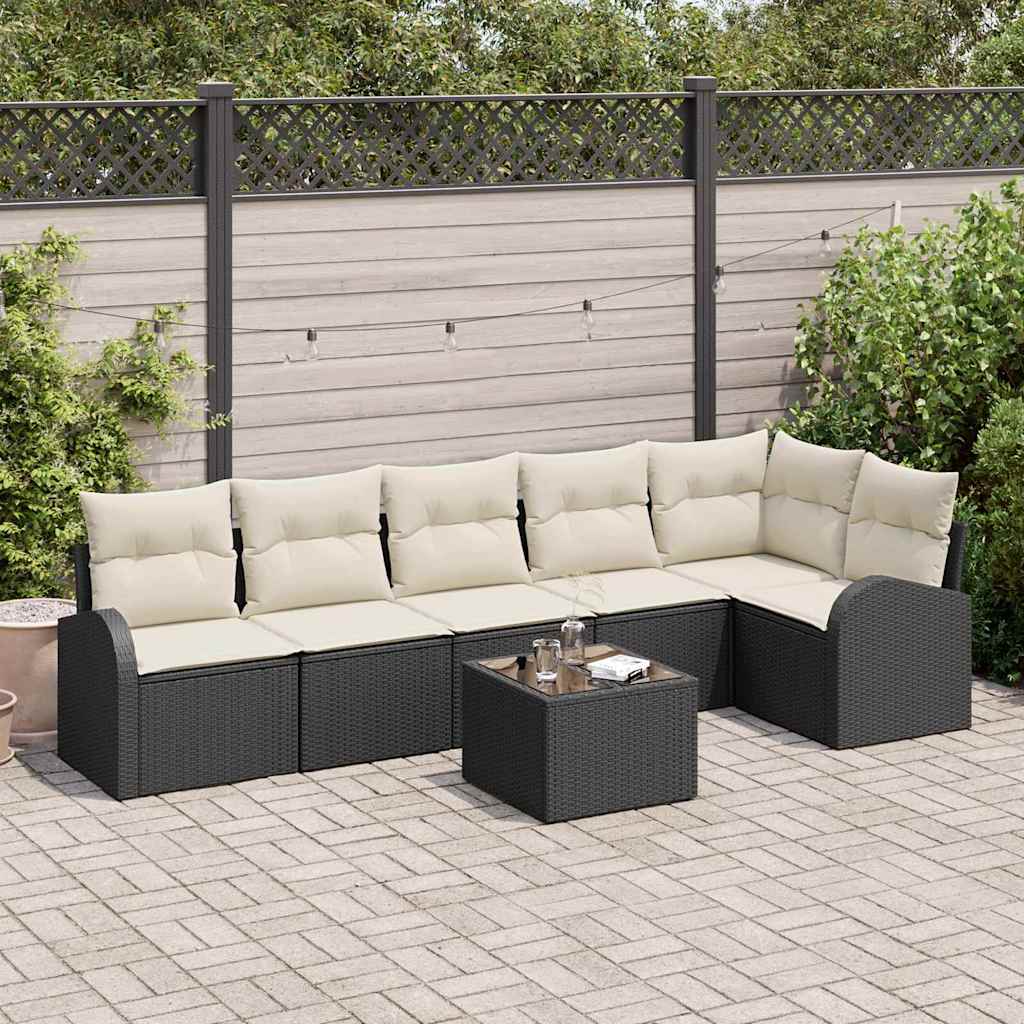 Gartensofa-set mit Kissen 7 pcs Schwarz und Weiß Poly-Rattan