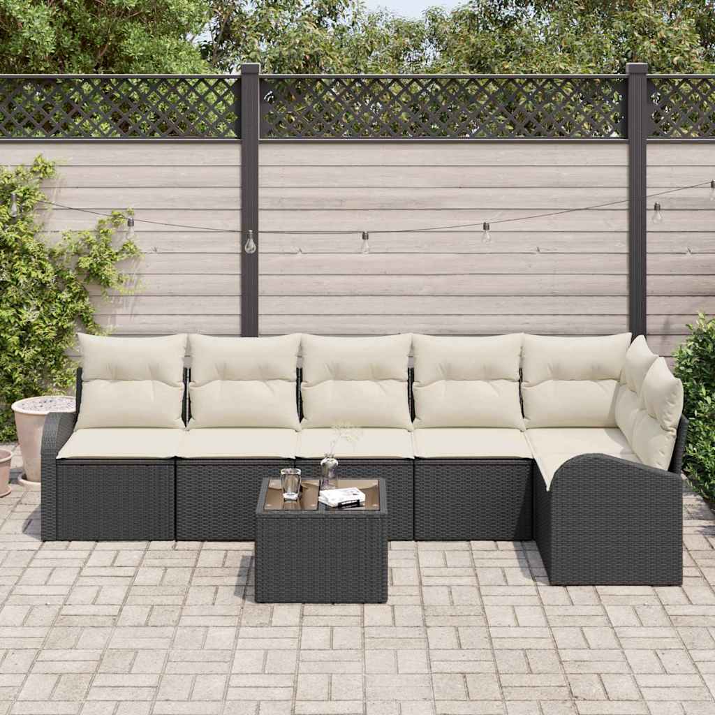 Gartensofa-set mit Kissen 7 pcs Schwarz und Weiß Poly-Rattan