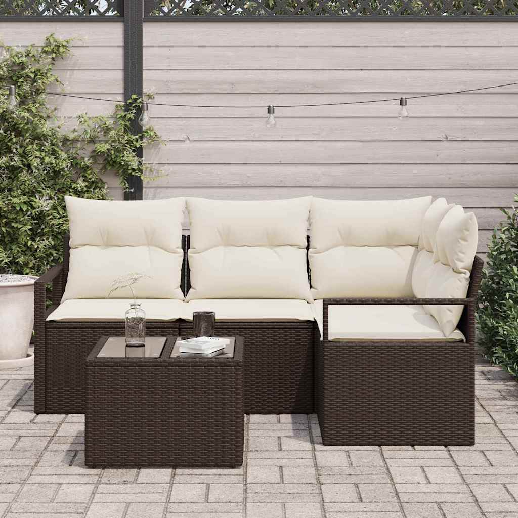 Sofa Set mit Kissen 5 pcs Braun und Creme Poly-Rattan