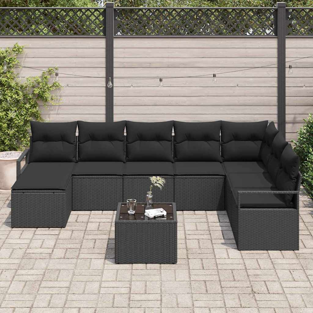 Sofa Set mit Kissen mit Speicher 9 pcs Schwarz Poly-Rattan