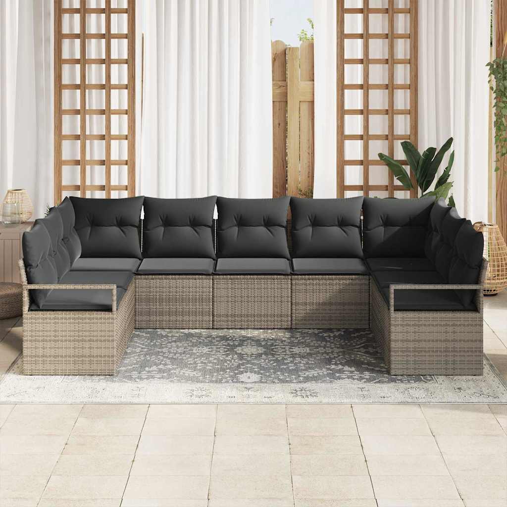 Gartensofa-set mit Kissen mit Speicher 9 pcs Grau Poly-Rattan
