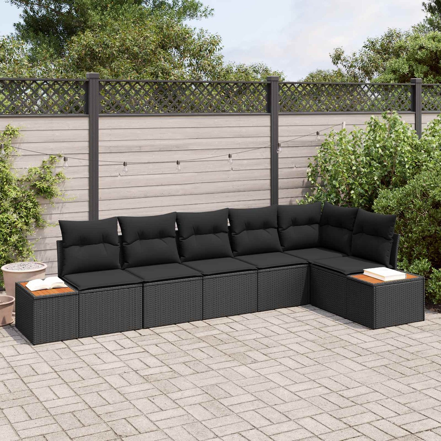 Gartensofa-set mit Kissen mit Speicher 6 pcs Schwarz Polyrattan