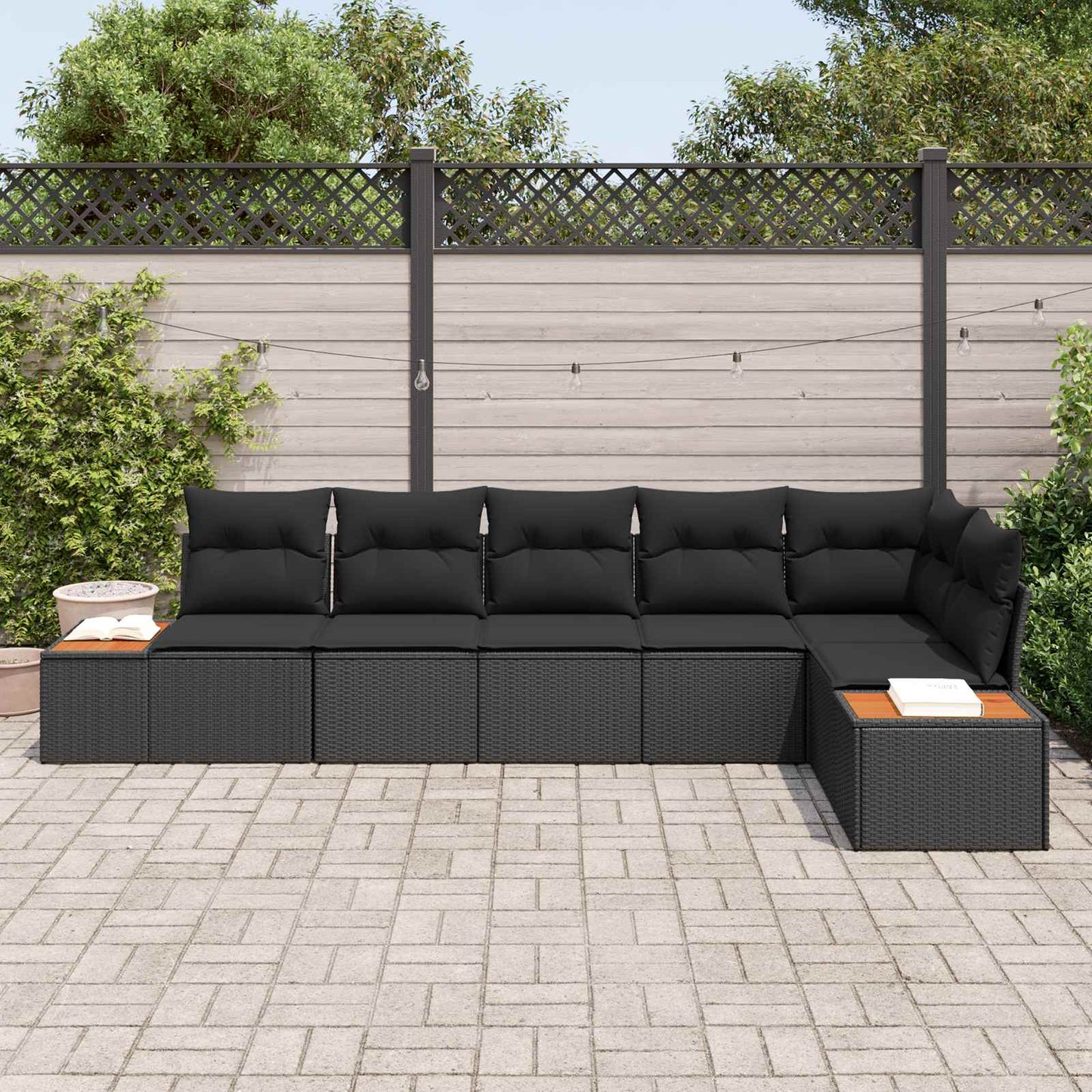 Gartensofa-set mit Kissen mit Speicher 6 pcs Schwarz Polyrattan