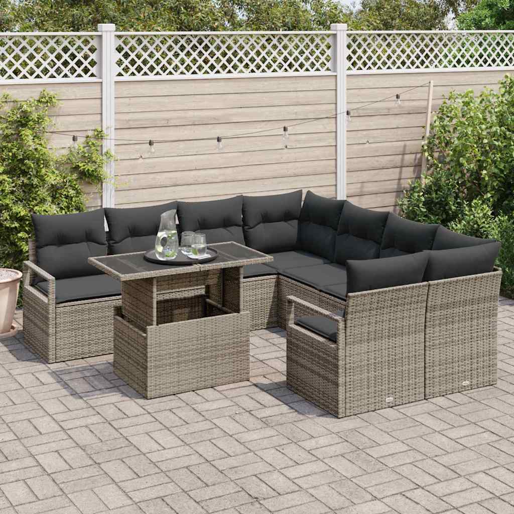 Gartensofa-set mit Kissen mit Speicher 9 pcs Grau Poly Rattan