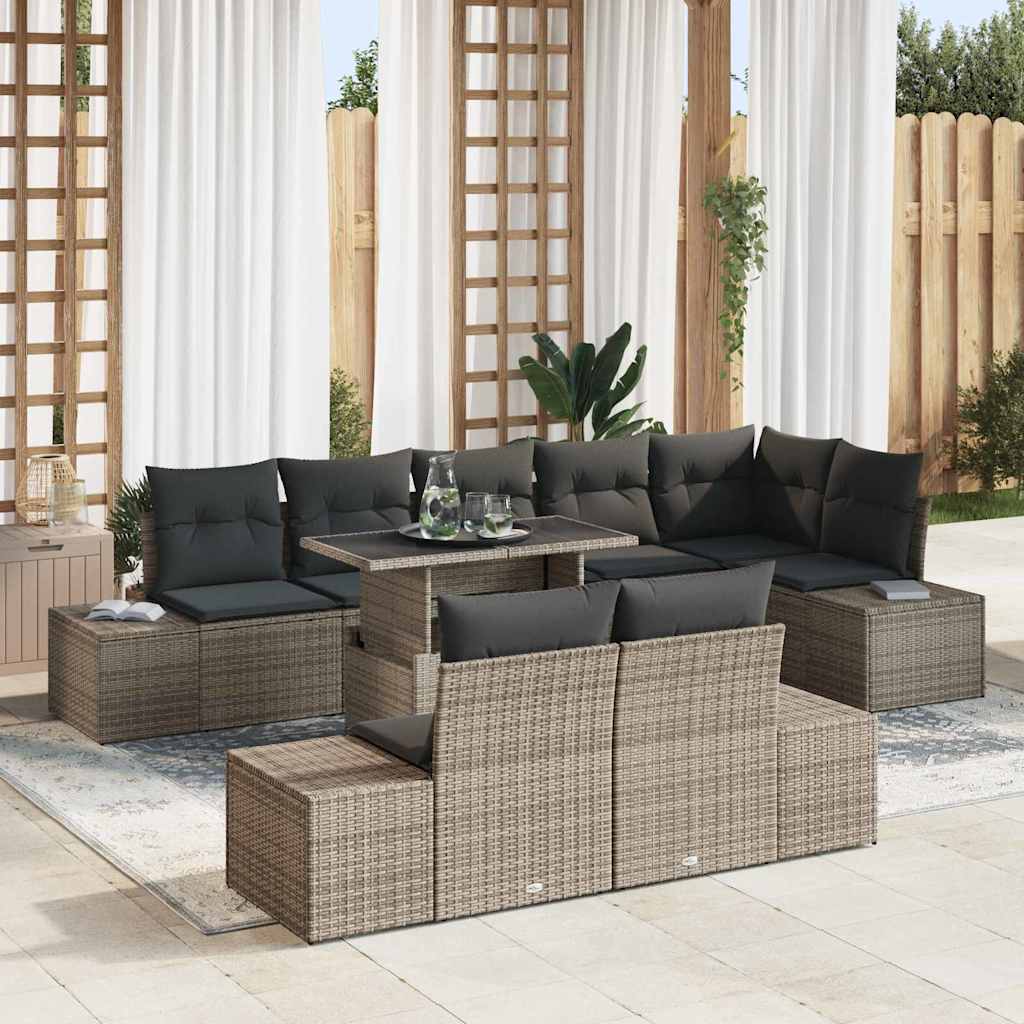 Garten-Sofa-Set mit Speicher 9 pcs Grau Poly Rattan