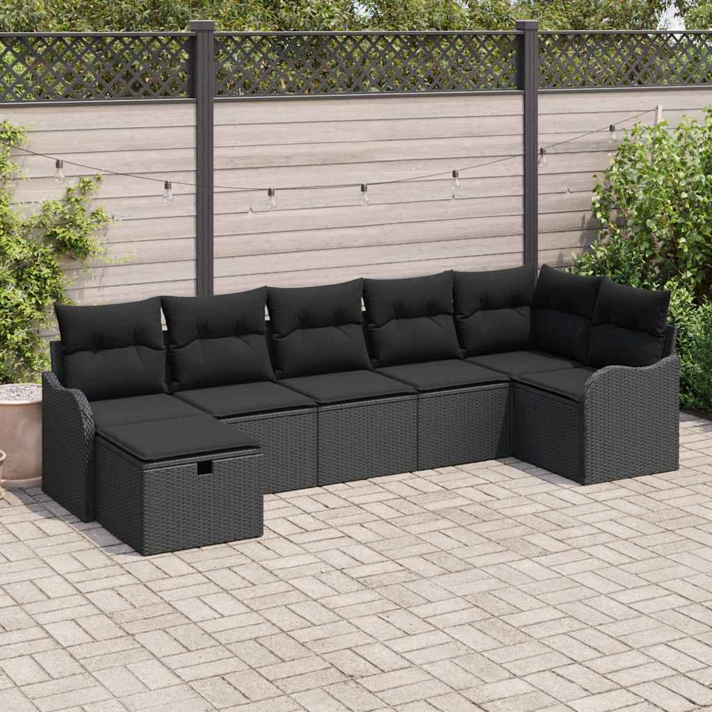 Sofa Set mit Kissen mit Speicher 7 pcs Schwarz Poly-Rattan