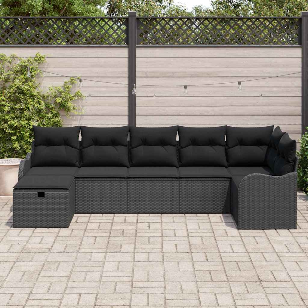 Sofa Set mit Kissen mit Speicher 7 pcs Schwarz Poly-Rattan