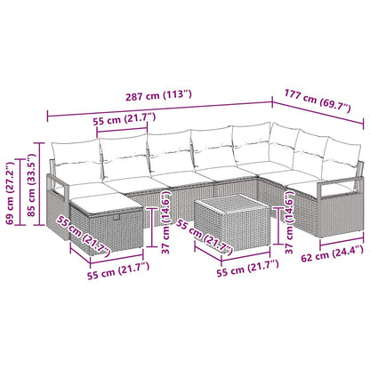 Gartensofa-set mit Kissen mit Speicher 9 pcs Grau Poly-Rattan