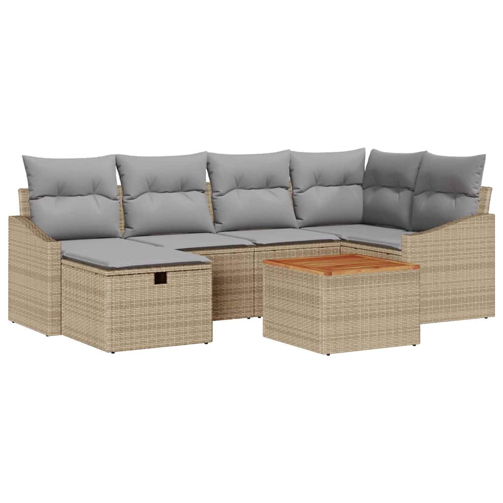 Gartensofa-set mit Kissen mit Speicher 7 pcs Beige Poly-Rattan