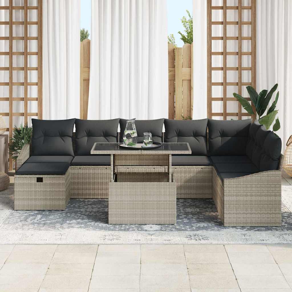Garten-Sofa-Set mit Kissen 9 pcs Hellgrau Poly Rattan