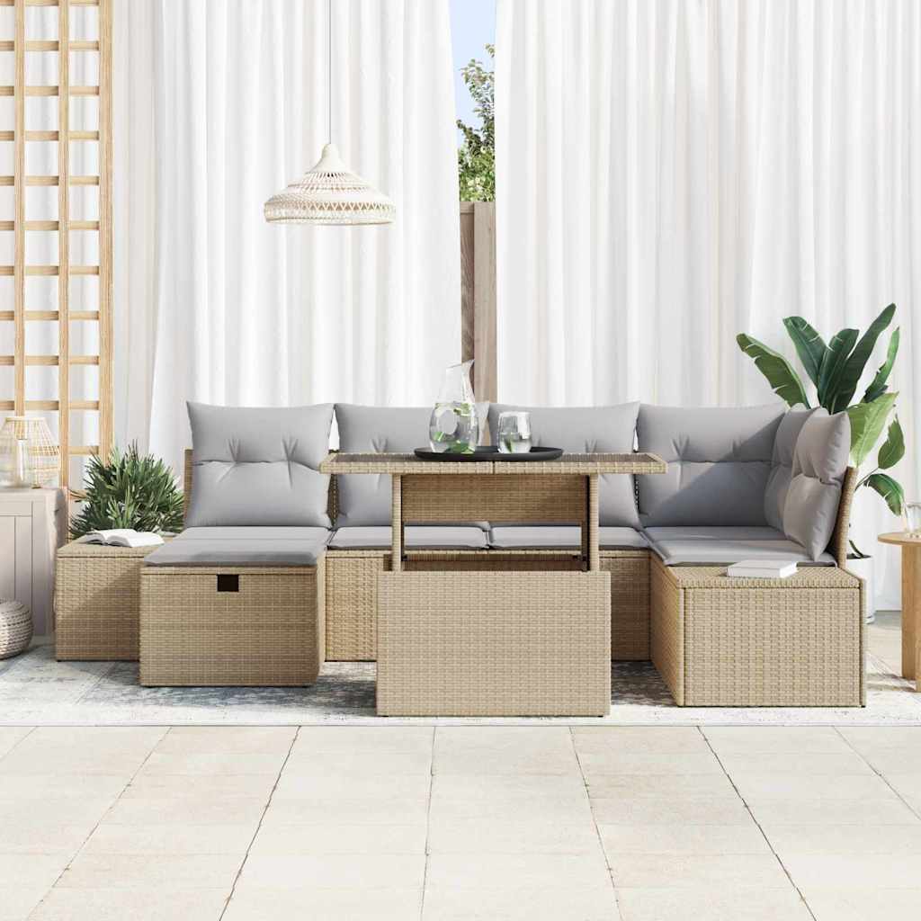 Garten-Sofa-Set mit Kissen mit Speicher 7 pcs Beige Poly Rattan