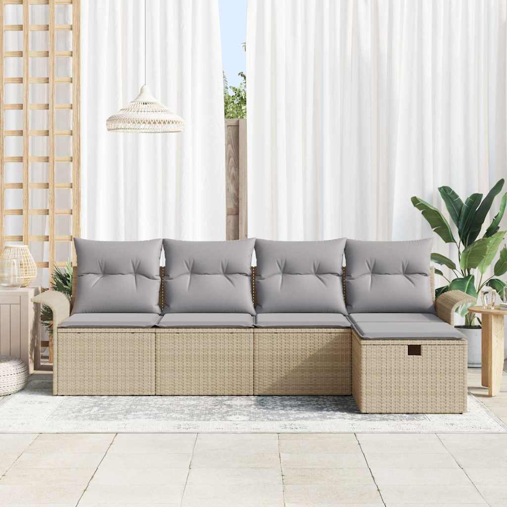 Garten-Sofa-Set mit Kissen mit Speicher 5 pcs Beige Poly Rattan
