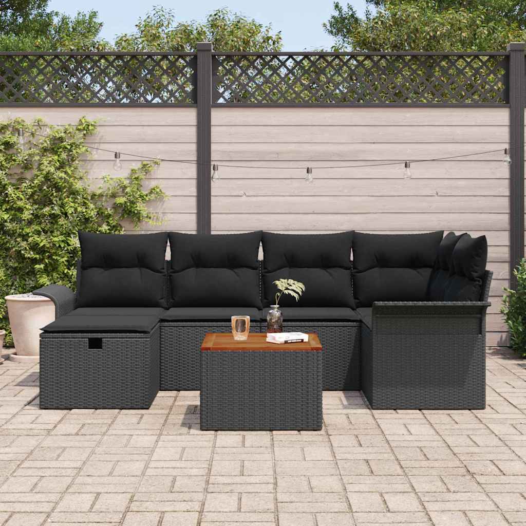 Gartensofa-set mit Kissen 7 pcs Schwarz Poly Rattan