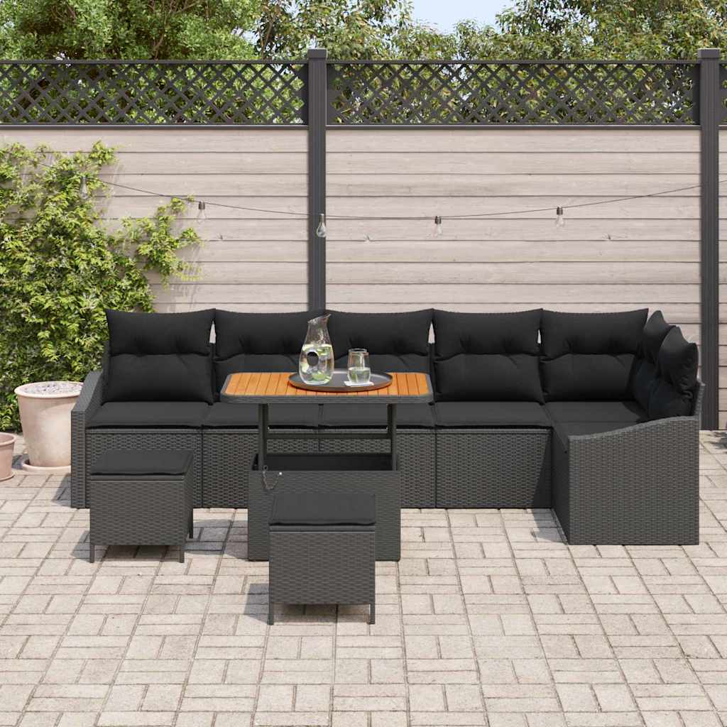 Gartensofa-set mit Kissen 9 pcs Schwarz Poly-Rattan