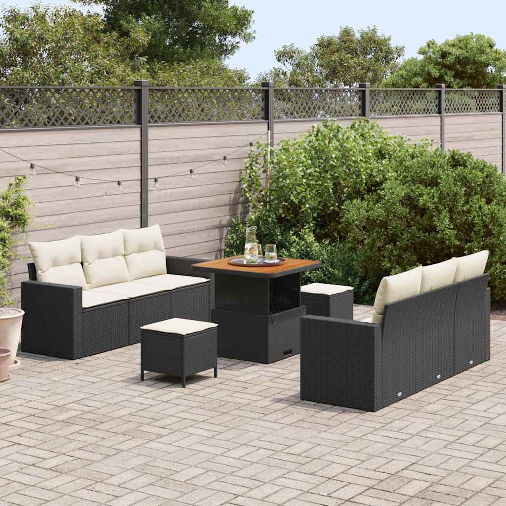 Garten-Sofa-Set mit Kissen mit Speicher 9 pcs Schwarz und Creme