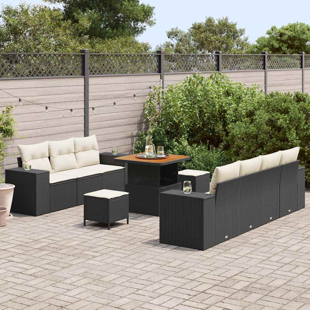 Gartensofa-set mit Kissen 10 pcs Schwarz und Creme Poly Rattan