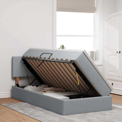 Bett mit Stauraum und LED mit LED Hellgrau 90 x 200 cm Stoff