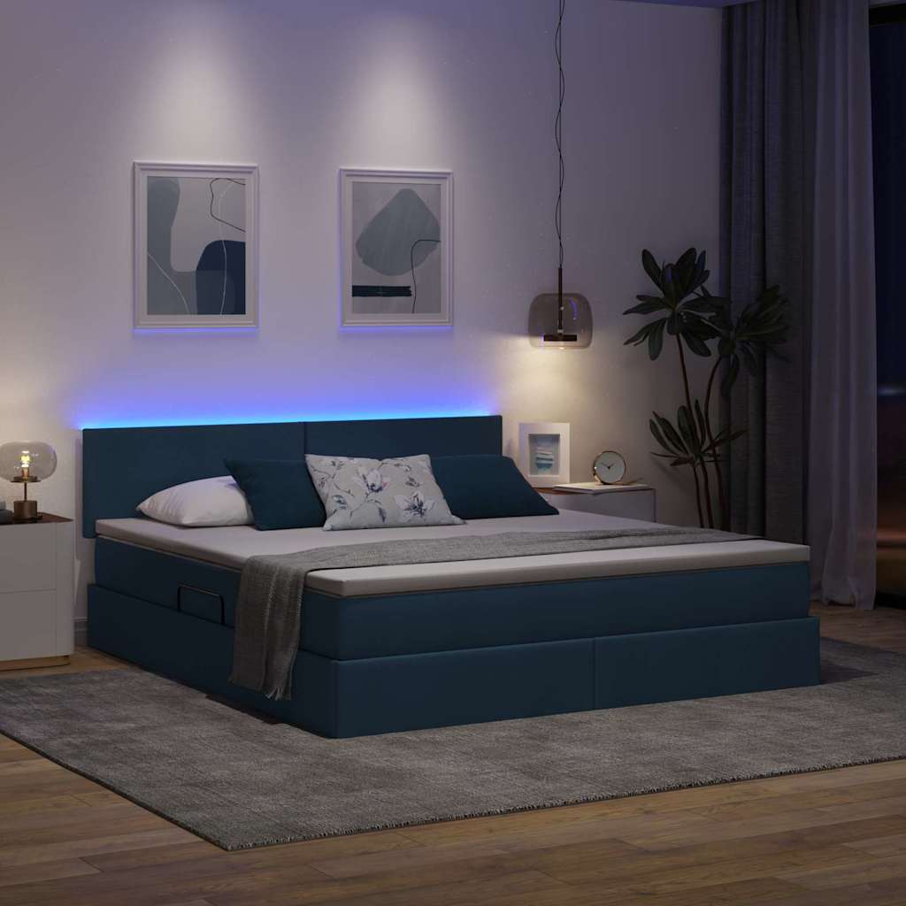 Bett mit Stauraum und LED mit Matratze Blau 160 x 200 cm Stoff