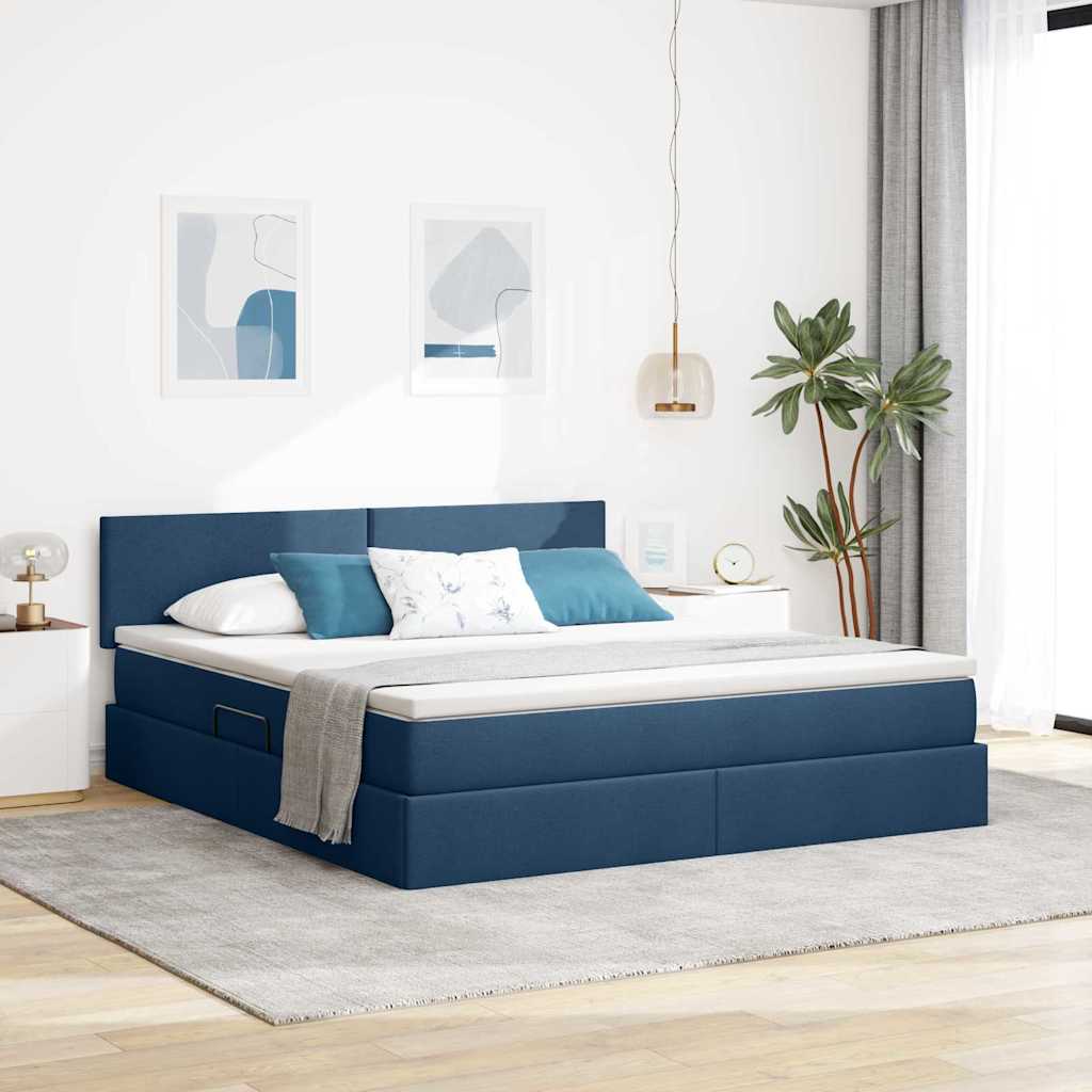 Bett mit Stauraum und LED mit Matratze Blau 160 x 200 cm Stoff