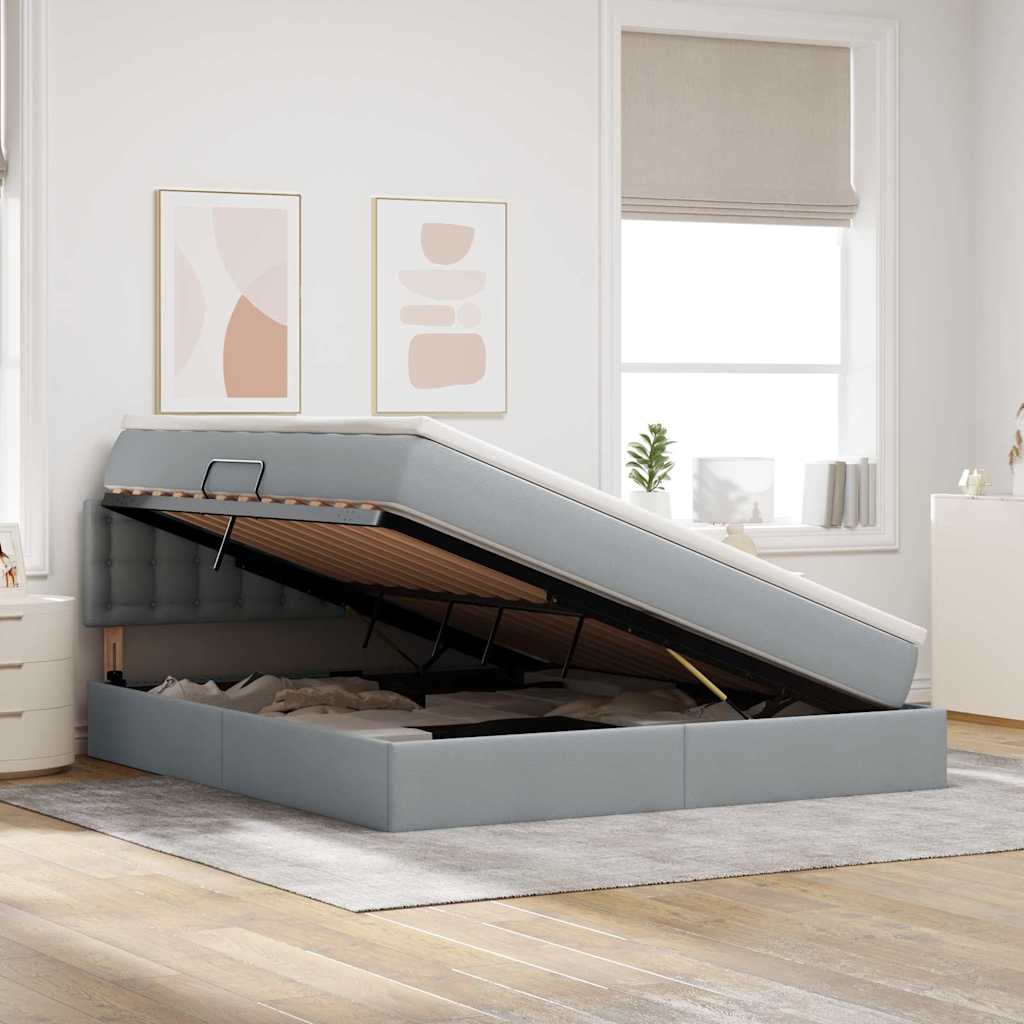 Bett mit Stauraum und LED mit LED Hellgrau 180 x 200 cm Stoff