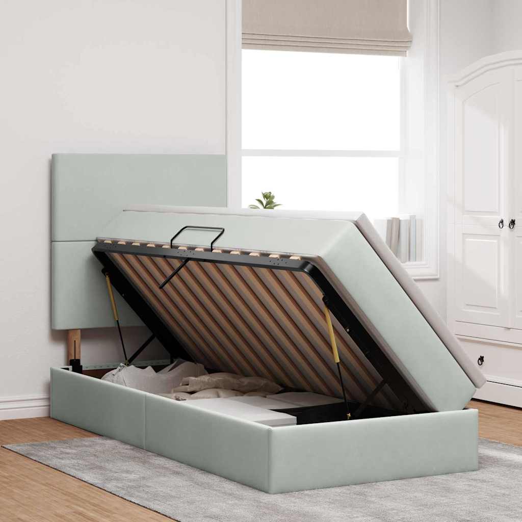 Bett mit Stauraum und LED mit LED Hellgrau 90 x 190 cm Samt