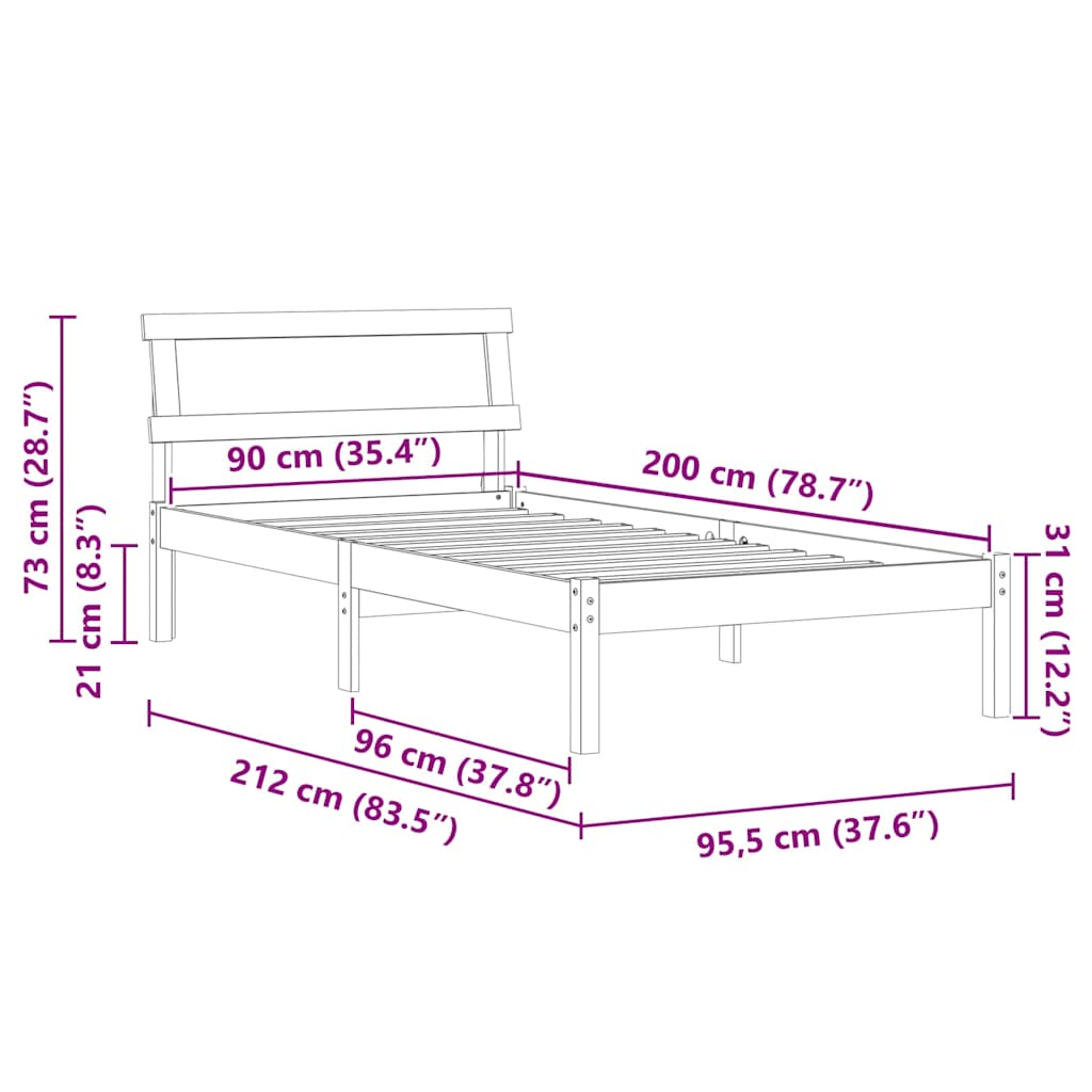 Bettrahmen mit Kopfteil Weiß 90 x 200 cm Massives Kiefernholz
