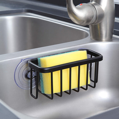 SunnyPoint NeverRust Kitchen & Bathroom Sink Caddy for Sponges, Scrubbers, Soap, 6" x 2.5" x 2.65", with Adhesive Mount - Additional Suction Cup Included -Aluminum (Black)