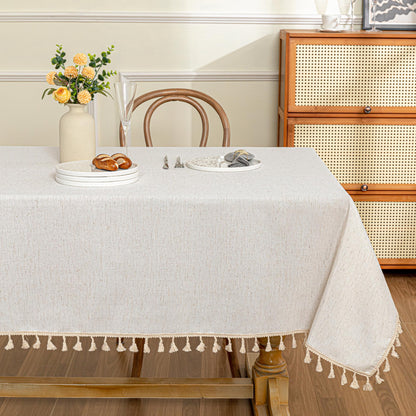 MYSKY HOME Table Cloth 60x84 in Rectangle Table, Heavy Duty Cotton Tassel Linen Look Waterproof Tablecloths Farmhouse Tablecloth, Wrinkle Free Table Cover with Beige Tassels for Kitchen Dining, Party