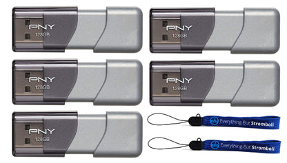 PNY 128 GB USB 3.0 Flash-Laufwerk Elite Turbo Attache 3 (5er-Pack) Modell P-FD128TBOP-GE im Bundle mit (2) Everything But Stromboli Lanyards