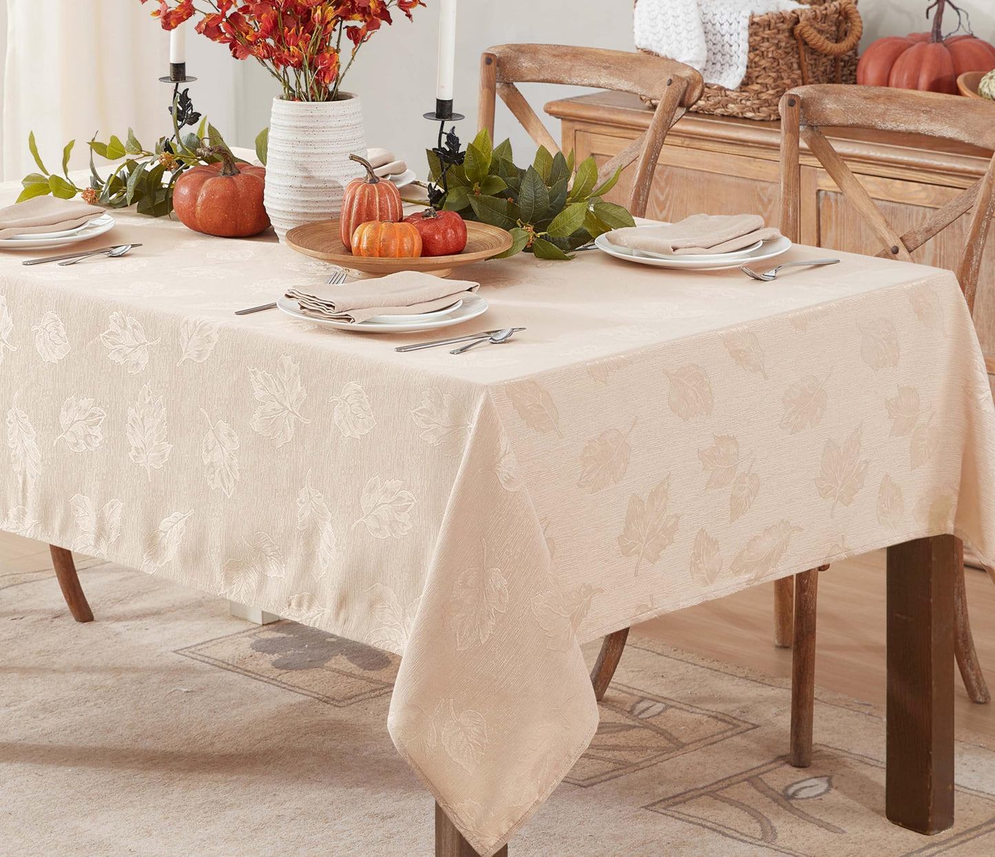 Newbridge Thanksgiving Taupe Tremont Autumn Leaf Damask Rectangle Fabric Tablecloth, 60 x 84 Inch, Fall Swirling Leaves, Soil Resistant, Easy Care Solid Color Table Cover for Holiday Party Dining