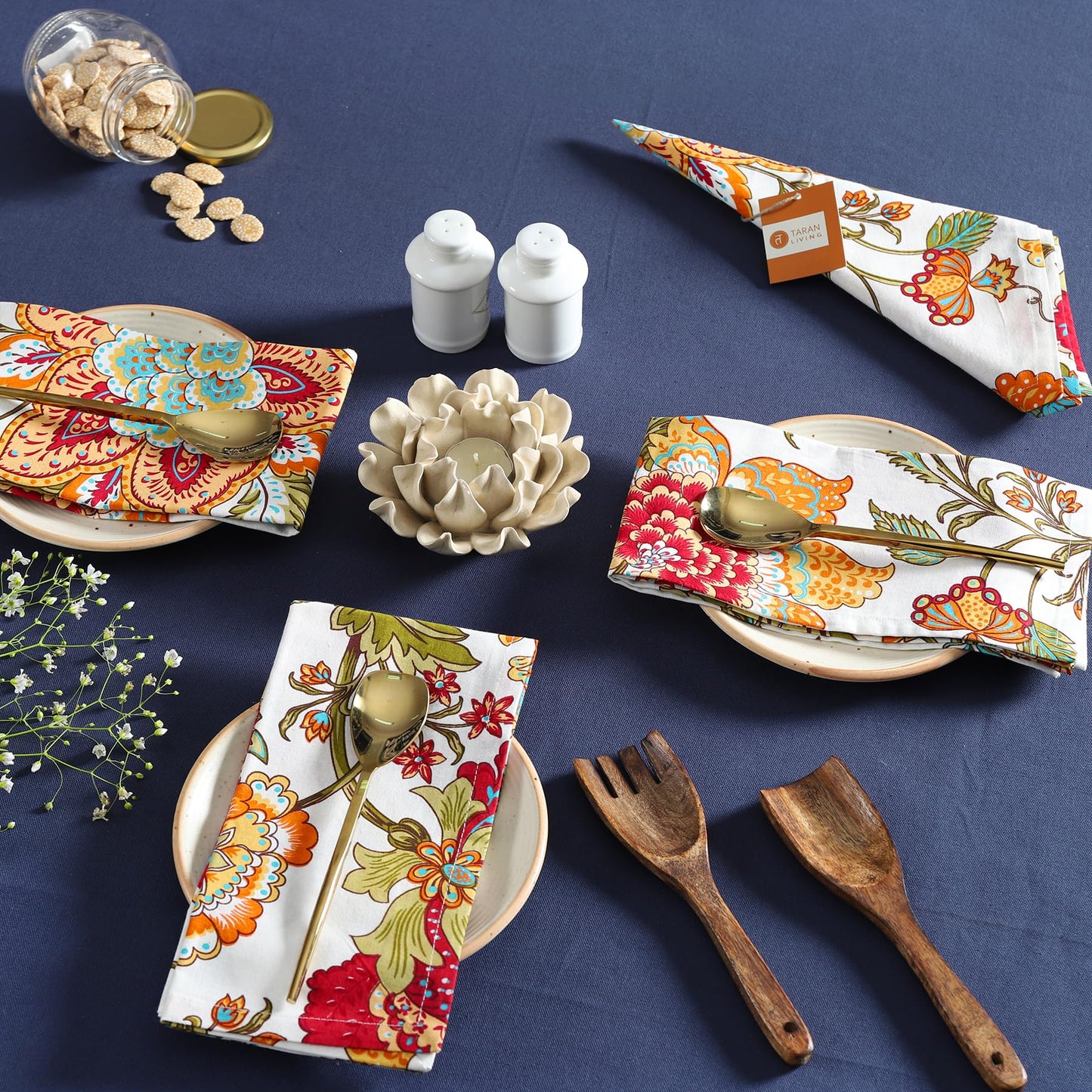 TARAN LIVING Napkins Fall Printed Cotton Cloth Napkin Reusable Boho Dinner Napkin Set Washable Dish Napkin for Gifts, Home Decor, Hotel, New Year Party - Kaveri - Set of 6, 20x20 Inches