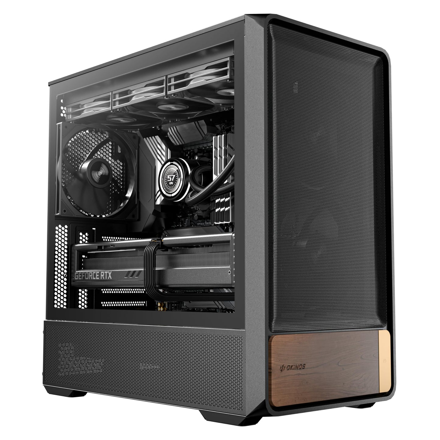 Okinos Air Cross, Genuine Walnut Wood ATX Case, 3×140mm PWM Fan & 2x120mm Reverse PWM Fan Pre-Installed, Airflow Optimized Mesh Panels, Back-Connect Motherboard Compatible, Mid Tower PC Case, Type C