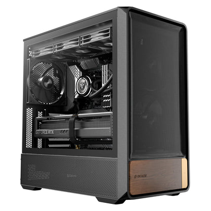 Okinos Air Cross, Genuine Walnut Wood ATX Case, 3×140mm PWM Fan & 2x120mm Reverse PWM Fan Pre-Installed, Airflow Optimized Mesh Panels, Back-Connect Motherboard Compatible, Mid Tower PC Case, Type C