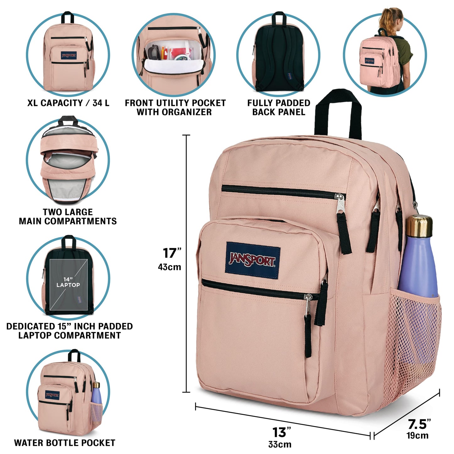 JanSport Laptop-Rucksack – Computertasche mit 2 Fächern, ergonomischen Schultergurten, 15-Zoll-Laptopfach, Tragegriff – Bücherrucksack – Erdbeer-Dusche 