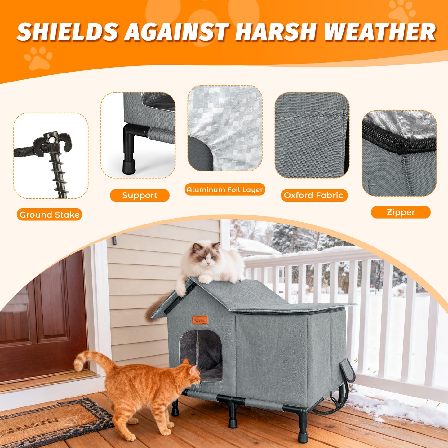 PatiencET Beheiztes Katzenhaus für draußen, faltbares, wetterfestes, isoliertes Katzenhaus für den Außenbereich, einstellbare Temperatur, erhöhter Sockel mit Erdspießen, für Haus- und Freigängerkatzen